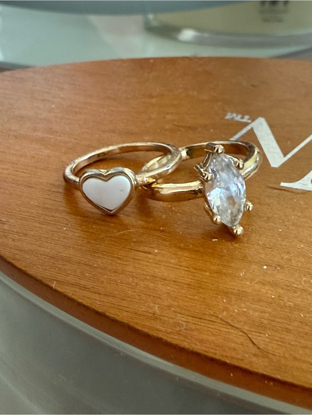 Gold Tone Heart & Marquise Crystal Stackable Rings - White Heart Size 7
